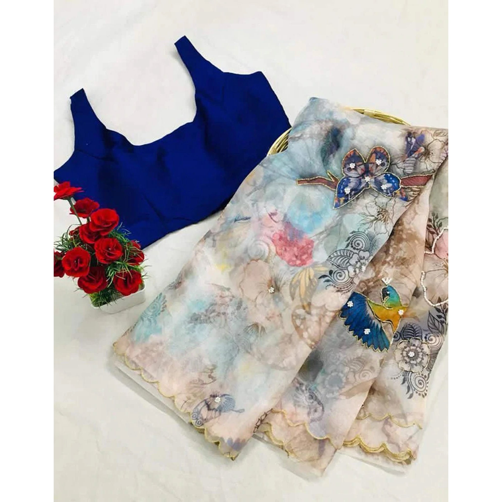 Organza Silk Digital Print Saree with Blouse for Wedding and Party