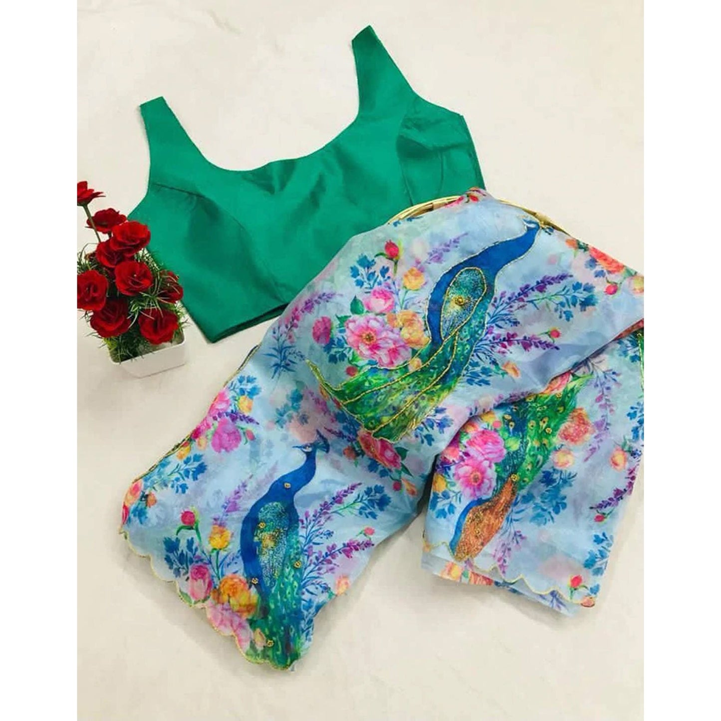 Organza Silk Digital Print Saree with Blouse for Wedding and Party