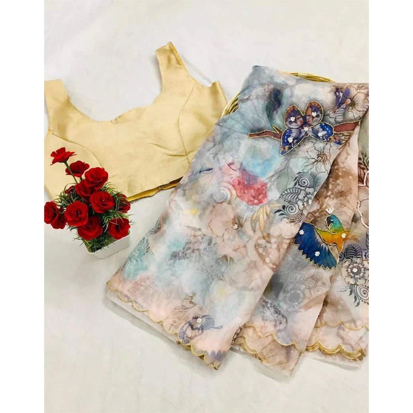 Organza Silk Digital Print Saree with Blouse for Wedding and Party