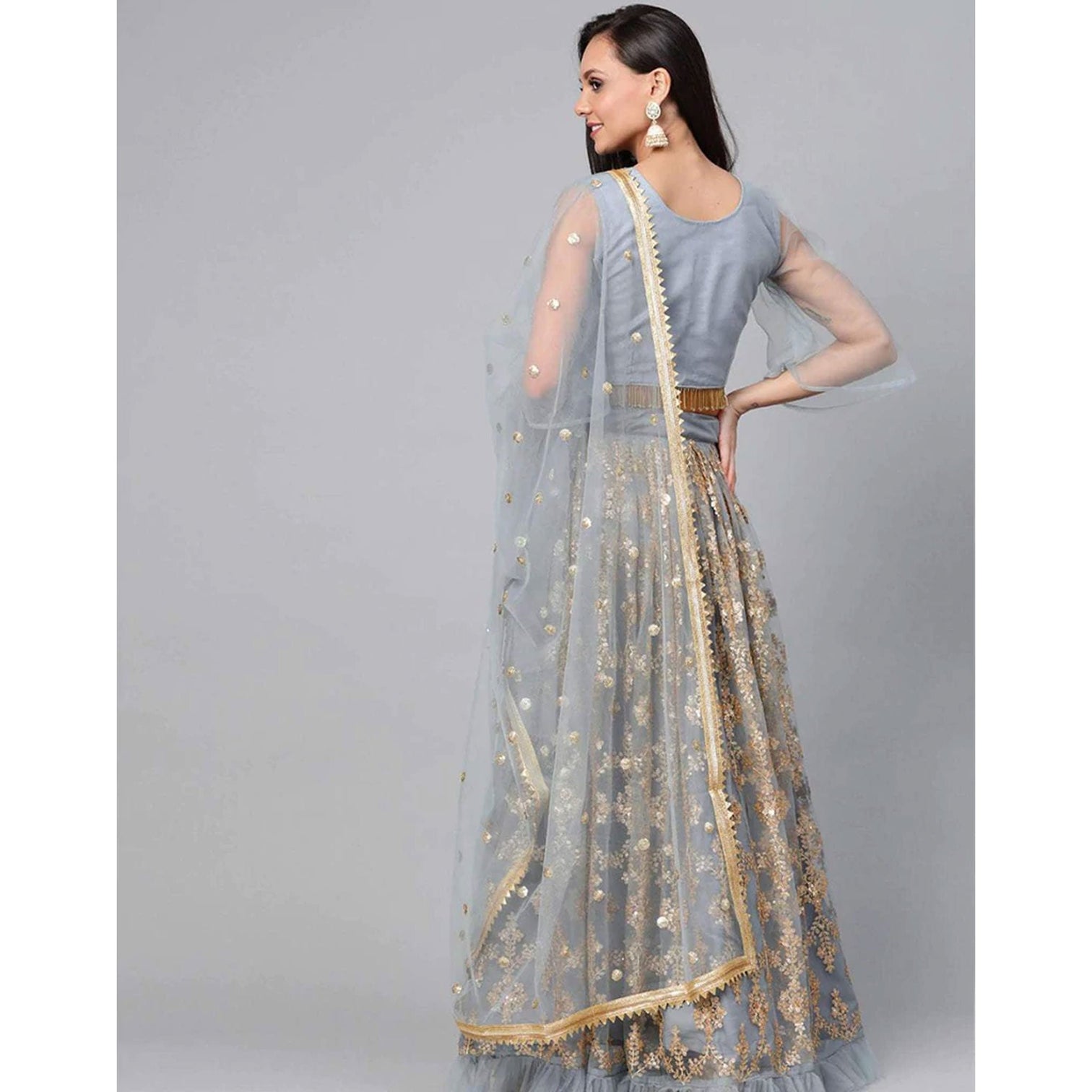 Grey color Soft Net Lehenga with Heavy Embroidery work