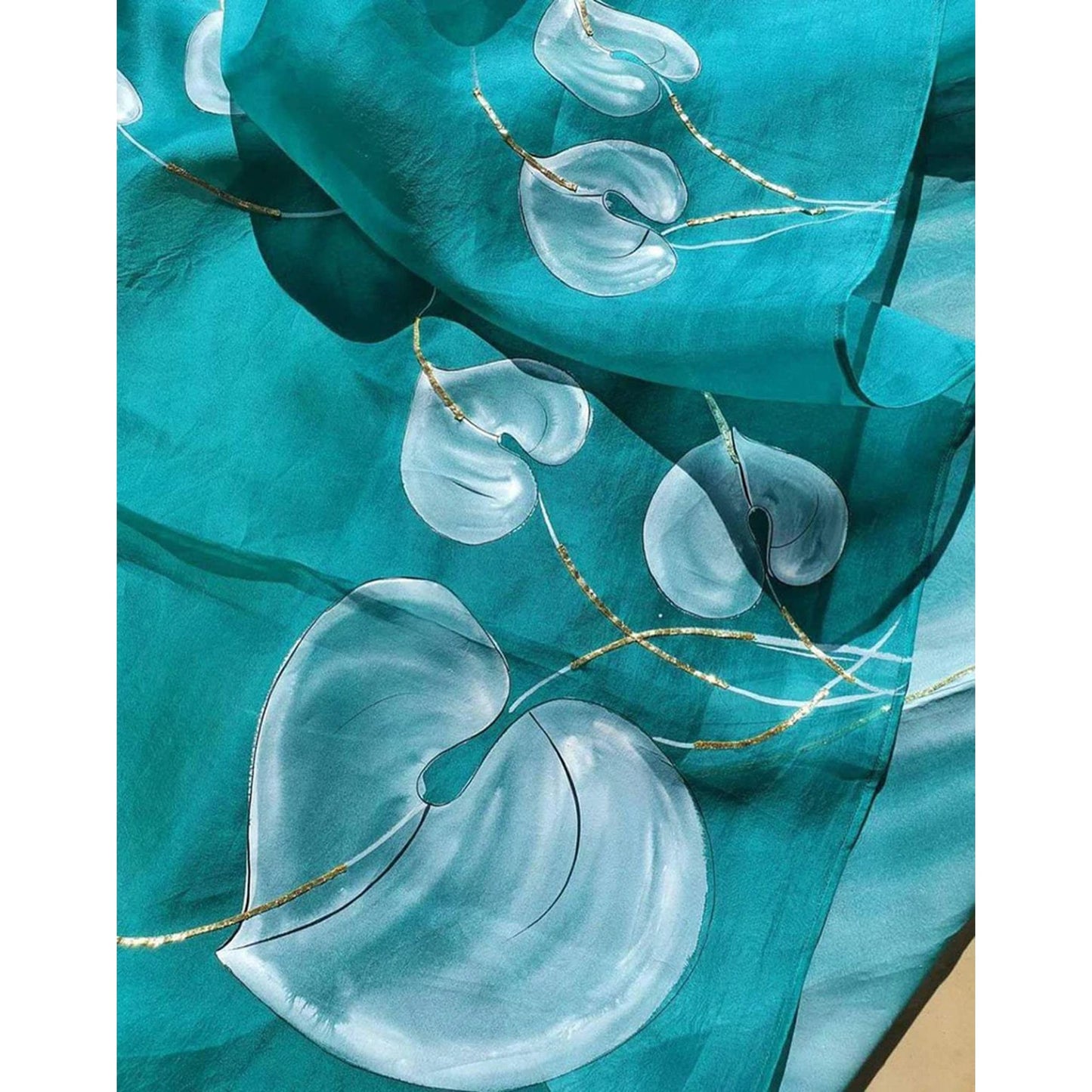 Organza Silk Saree with Beautiful Blue Aqua Digital Print Handwork and Silk Blouse for Wedding