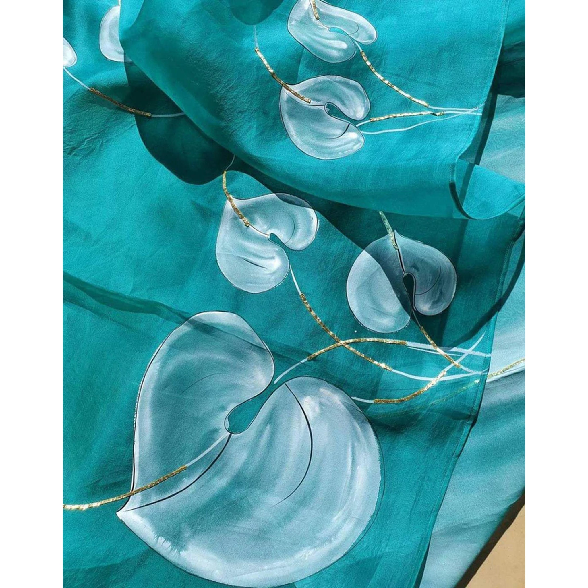 Organza Silk Saree with Beautiful Blue Aqua Digital Print Handwork and Silk Blouse for Wedding