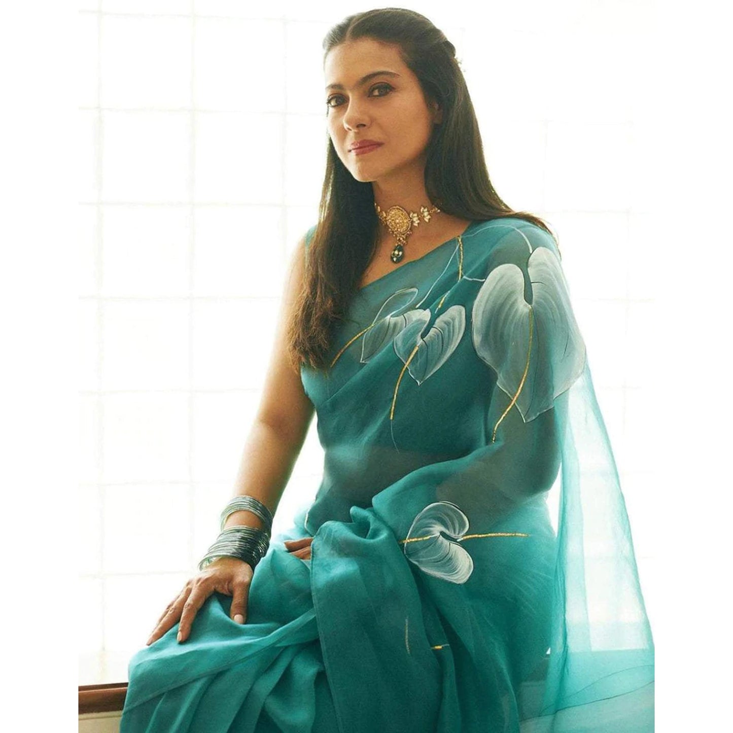 Organza Silk Saree with Beautiful Blue Aqua Digital Print Handwork and Silk Blouse for Wedding