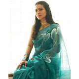 Organza Silk Saree with Beautiful Blue Aqua Digital Print Handwork and Silk Blouse for Wedding