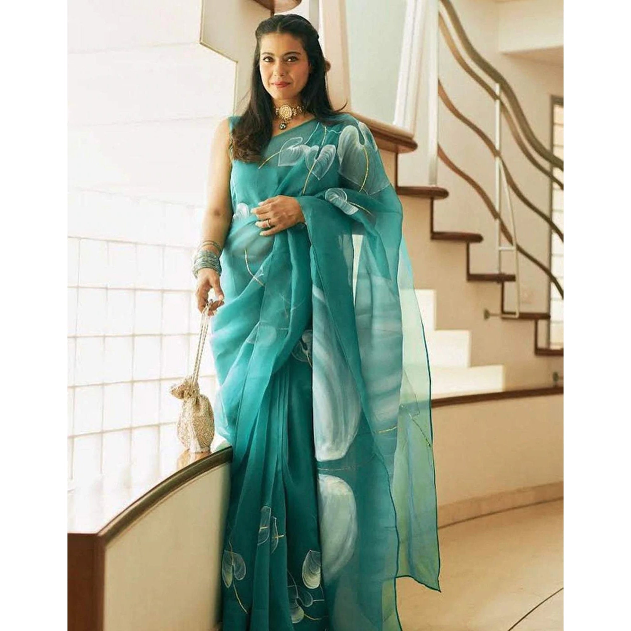 Organza Silk Saree with Beautiful Blue Aqua Digital Print Handwork and Silk Blouse for Wedding