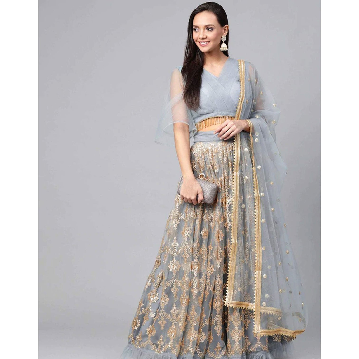 Grey color Soft Net Lehenga with Heavy Embroidery work