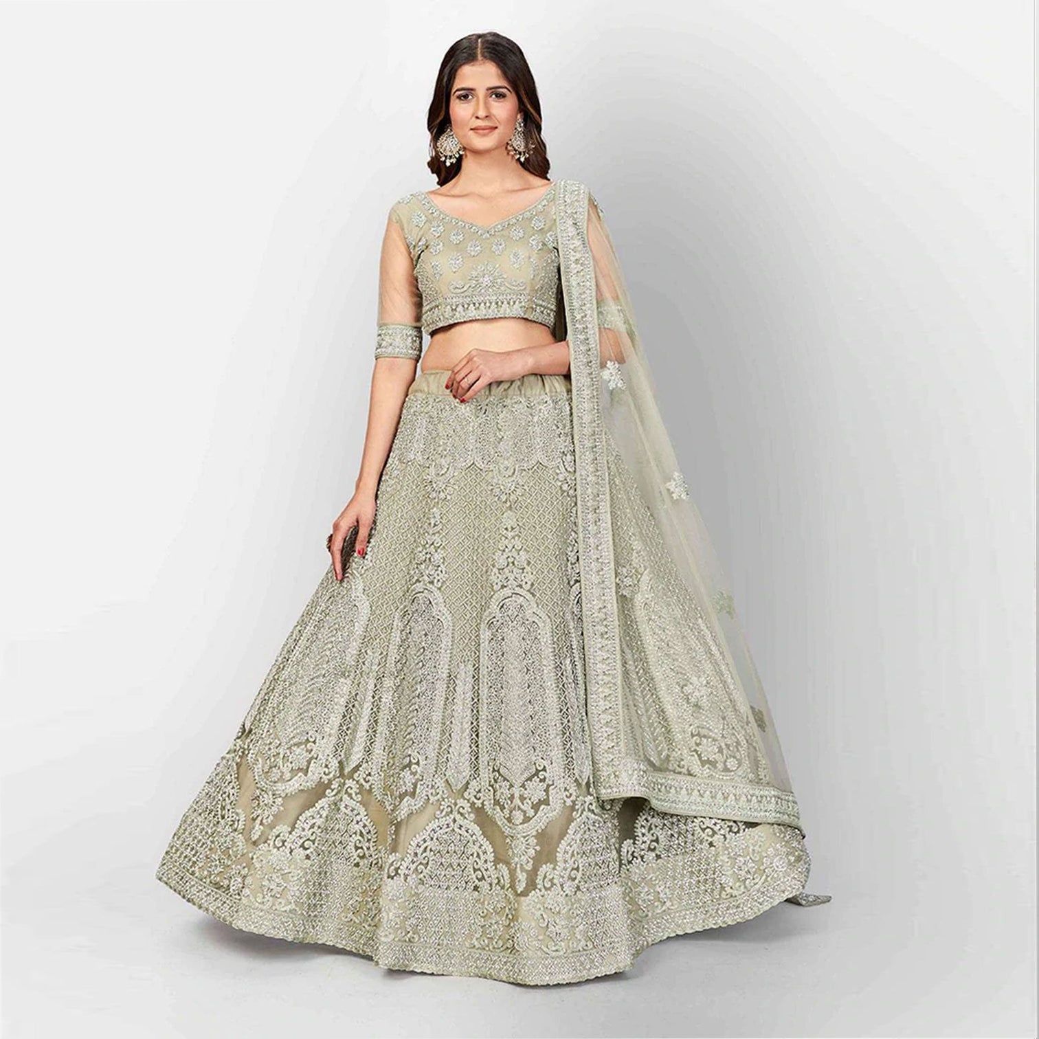 Green Lehenga Choli in Soft Net with Thread Sequence and Zari Work
