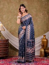 Navy Blue Pure Chinnon Ajrakh Printed Saree with Tassel Edges, Traditional Geometric Print & Matching Blouse Piece