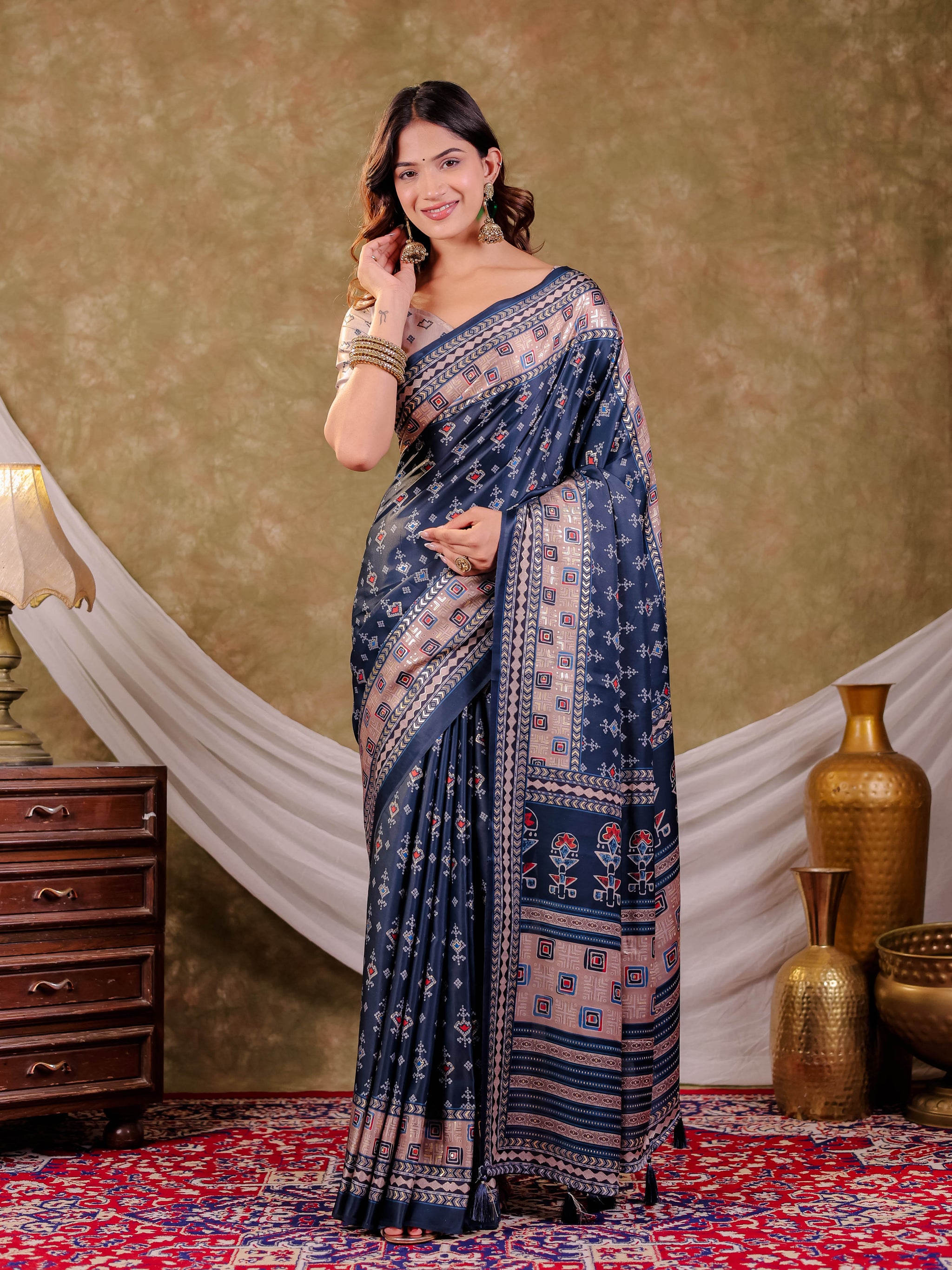 Navy Blue Pure Chinnon Ajrakh Printed Saree with Tassel Edges, Traditional Geometric Print & Matching Blouse Piece