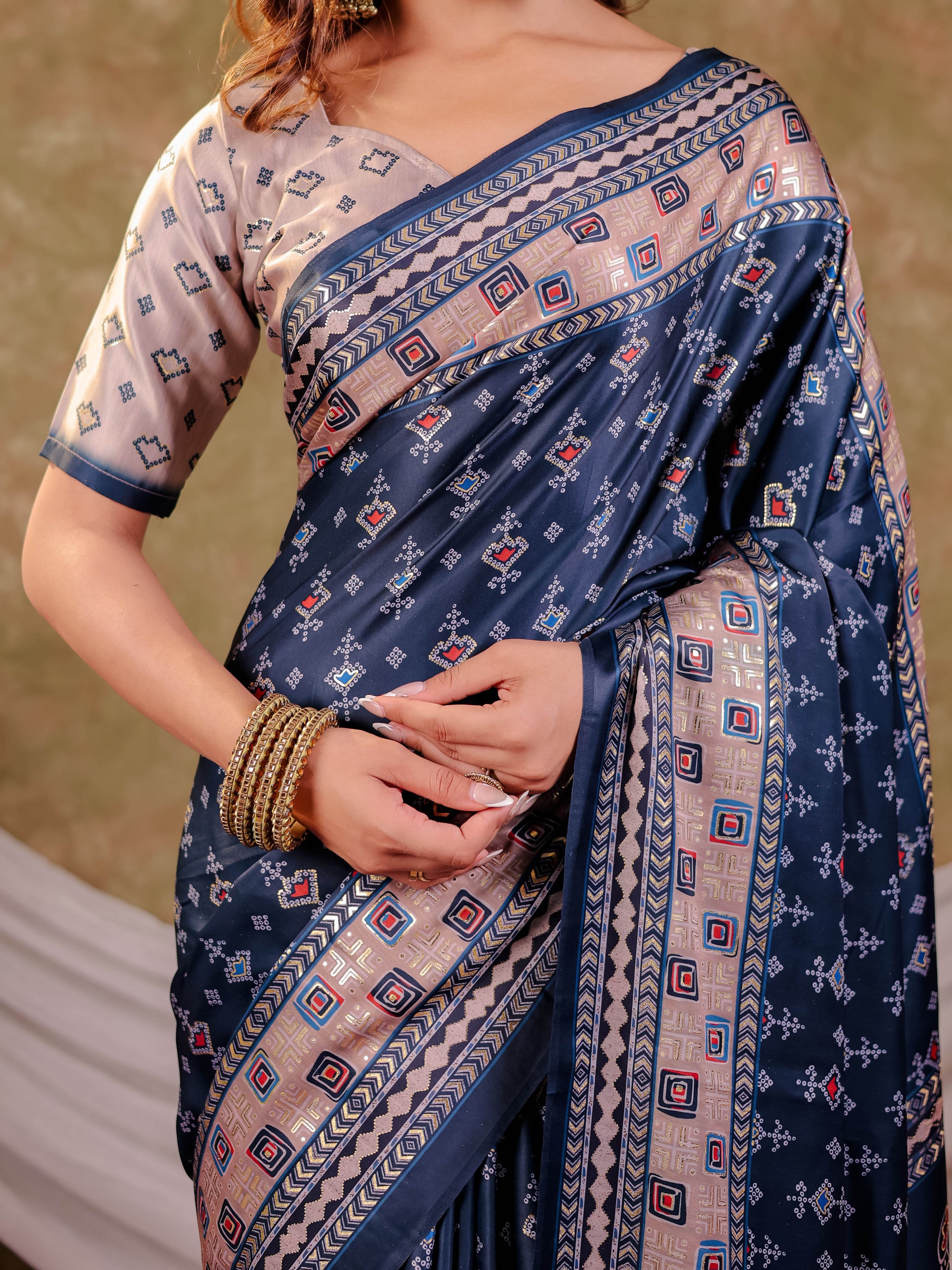 Navy Blue Pure Chinnon Ajrakh Printed Saree with Tassel Edges, Traditional Geometric Print & Matching Blouse Piece