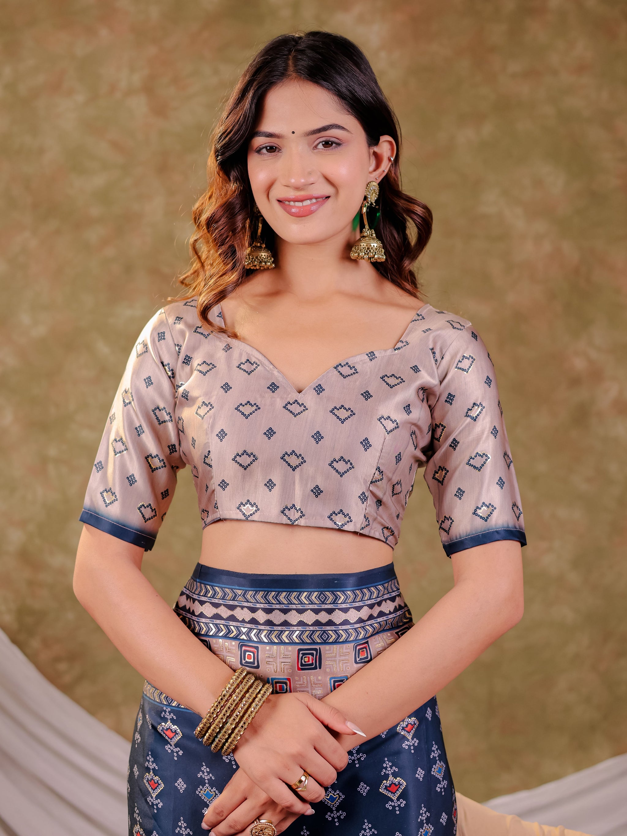 Navy Blue Pure Chinnon Ajrakh Printed Saree with Tassel Edges, Traditional Geometric Print & Matching Blouse Piece