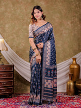 Navy Blue Pure Chinnon Ajrakh Printed Saree with Tassel Edges, Traditional Geometric Print & Matching Blouse Piece