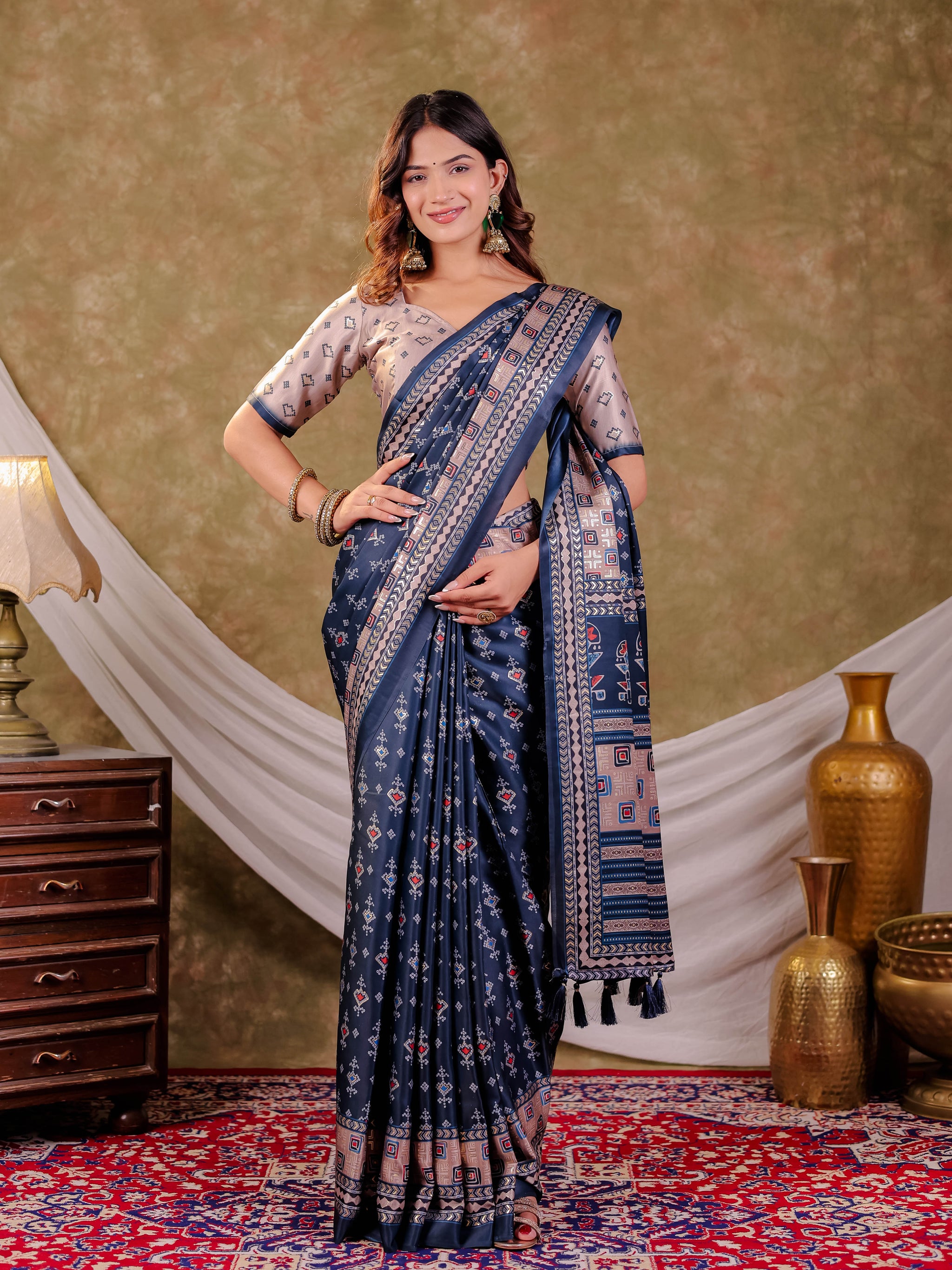 Navy Blue Pure Chinnon Ajrakh Printed Saree with Tassel Edges, Traditional Geometric Print & Matching Blouse Piece