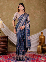 Navy Blue Pure Chinnon Ajrakh Printed Saree with Tassel Edges, Traditional Geometric Print & Matching Blouse Piece