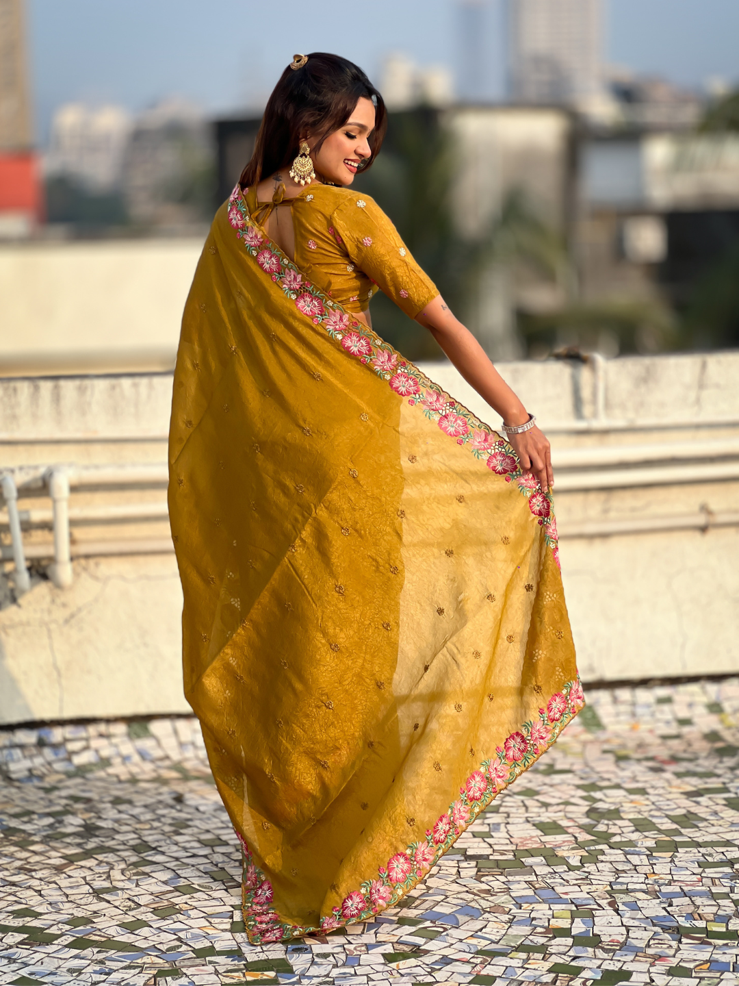 Mustard pure crush embroidered saree with multicolor floral motifs and cutwork border