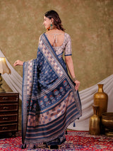 Navy Blue Pure Chinnon Ajrakh Printed Saree with Tassel Edges, Traditional Geometric Print & Matching Blouse Piece