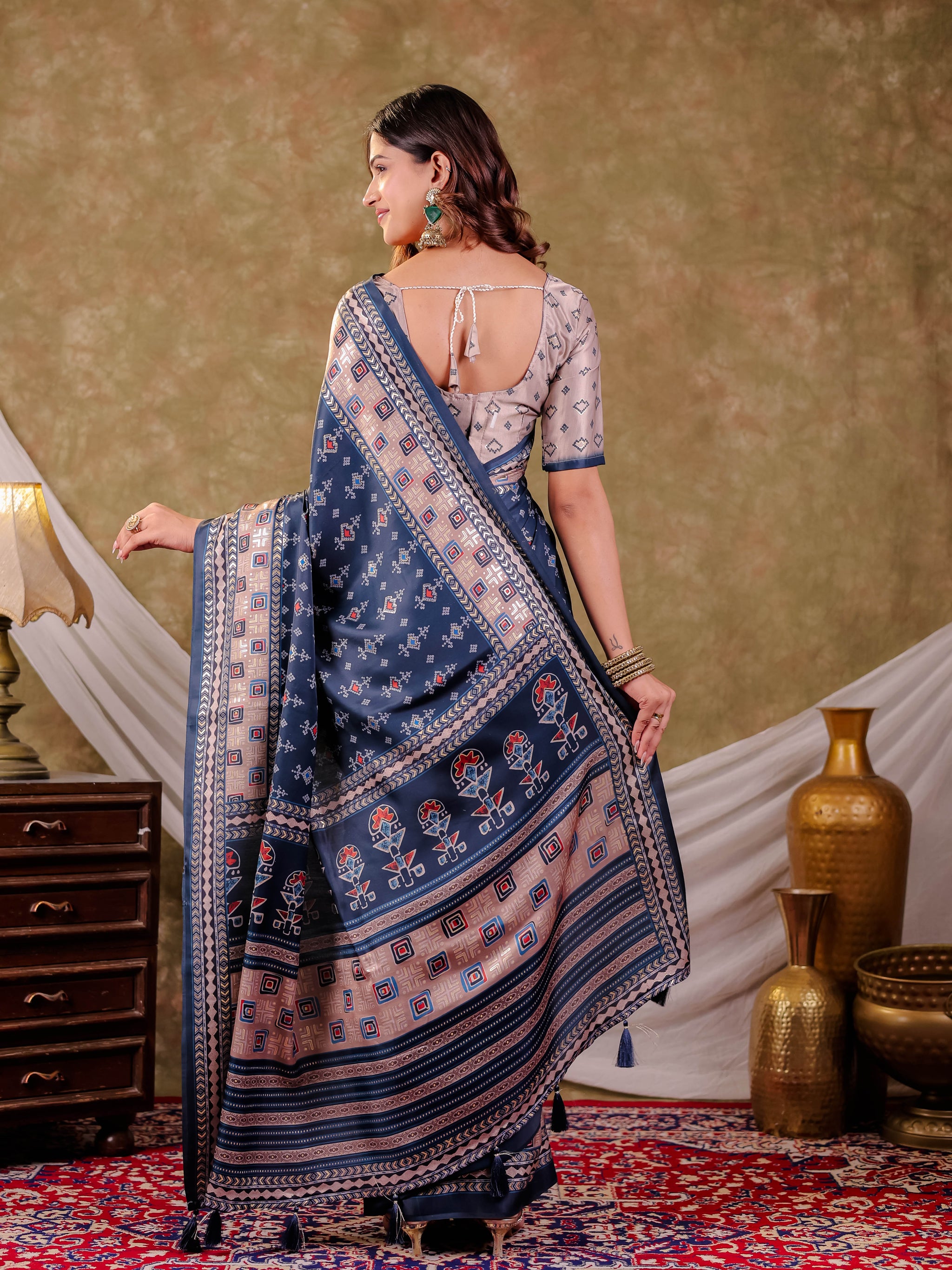Navy Blue Pure Chinnon Ajrakh Printed Saree with Tassel Edges, Traditional Geometric Print & Matching Blouse Piece