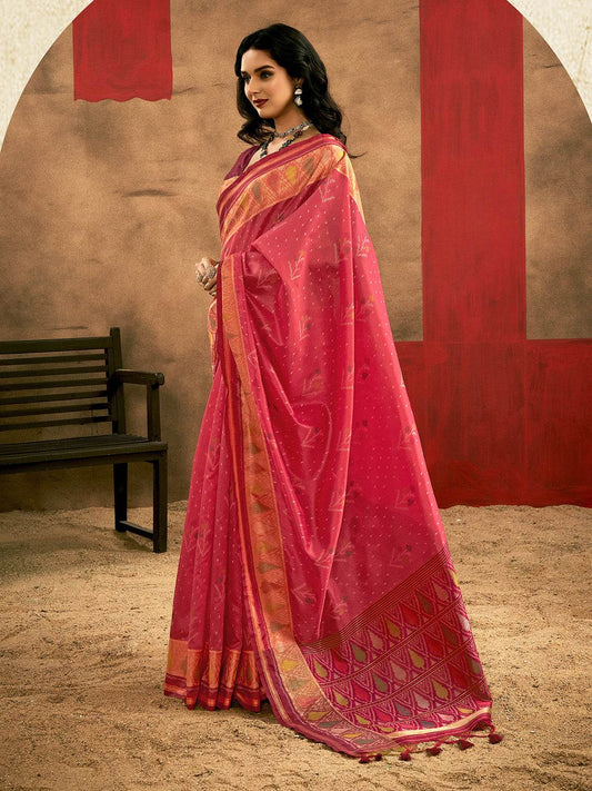 Red Patola Silk Saree With Blouse Piece
