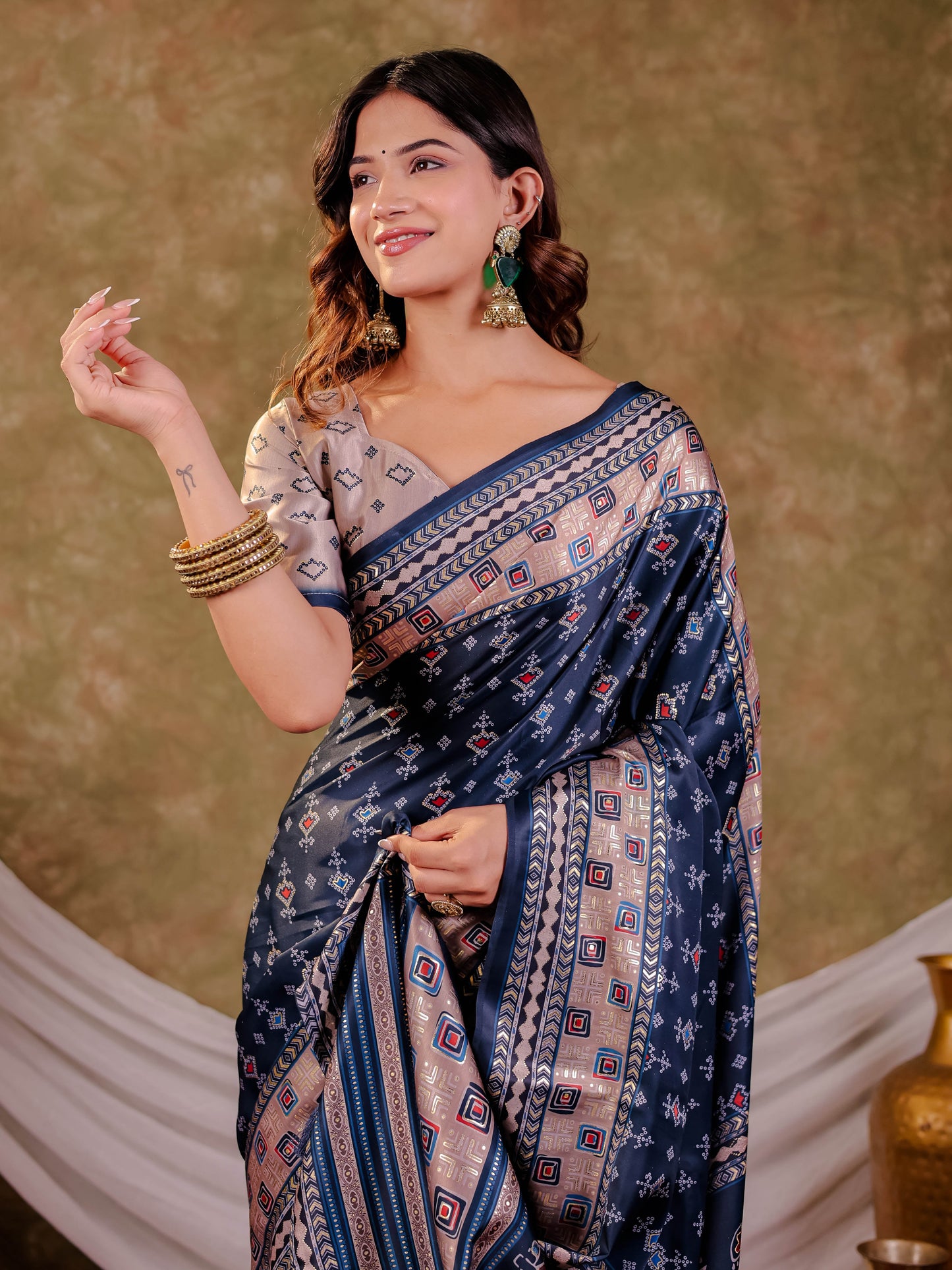 Navy Blue Pure Chinnon Ajrakh Printed Saree with Tassel Edges, Traditional Geometric Print & Matching Blouse Piece