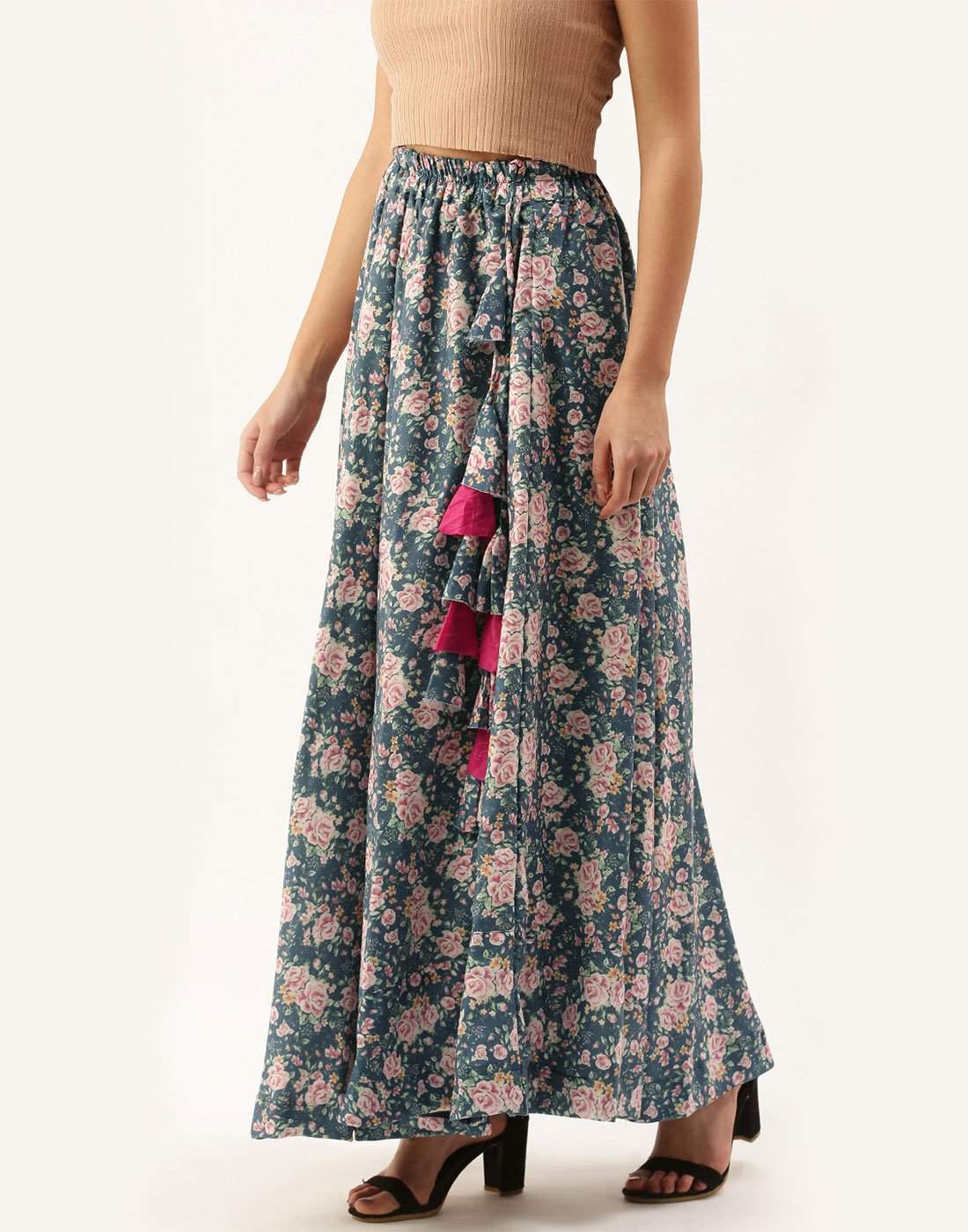 Grey Color Rayon Cotton Skirt with Digital Flowers Print