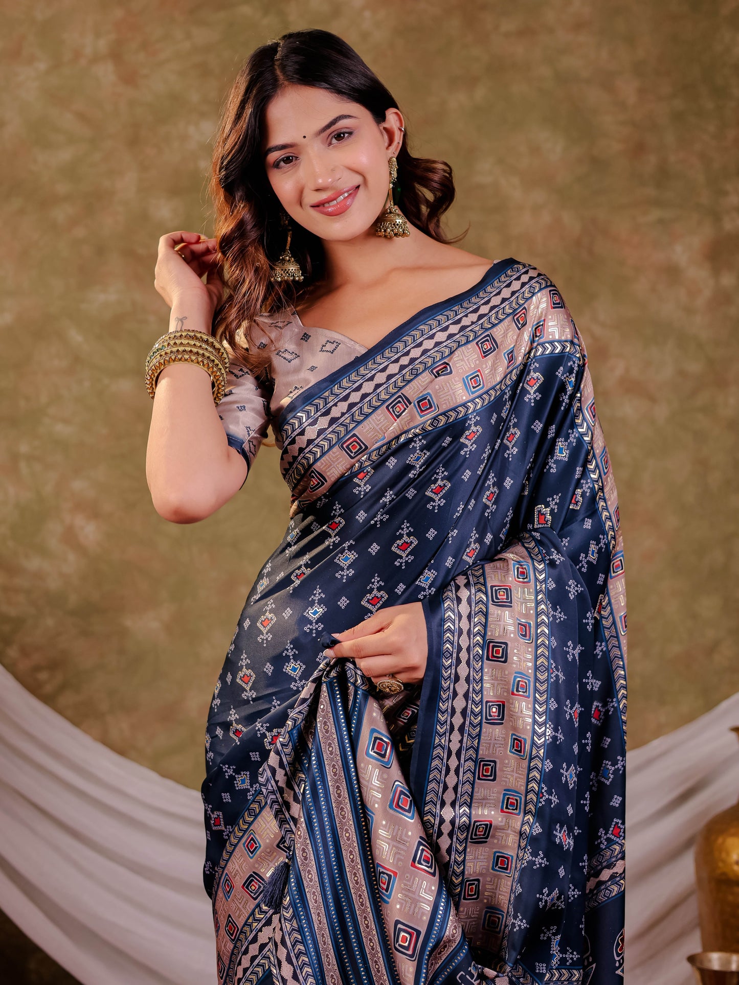 Navy Blue Pure Chinnon Ajrakh Printed Saree with Tassel Edges, Traditional Geometric Print & Matching Blouse Piece