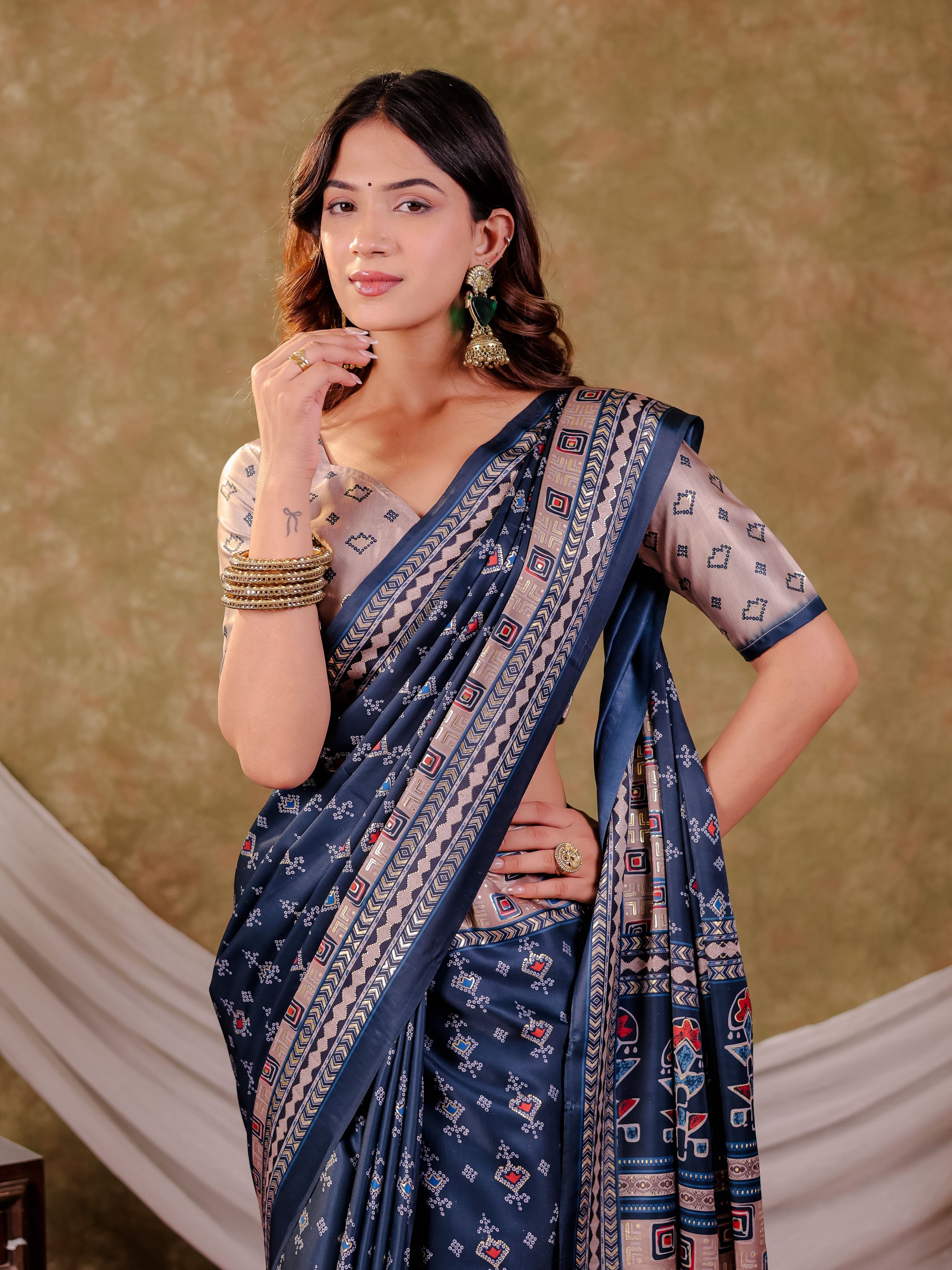 Navy Blue Pure Chinnon Ajrakh Printed Saree with Tassel Edges, Traditional Geometric Print & Matching Blouse Piece