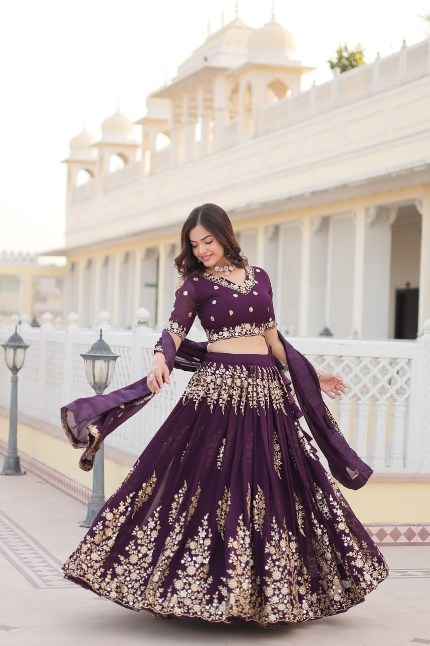 Faux Blooming PuGeorgette rple Lehenga Choli Set with Heavy Embroidered Work