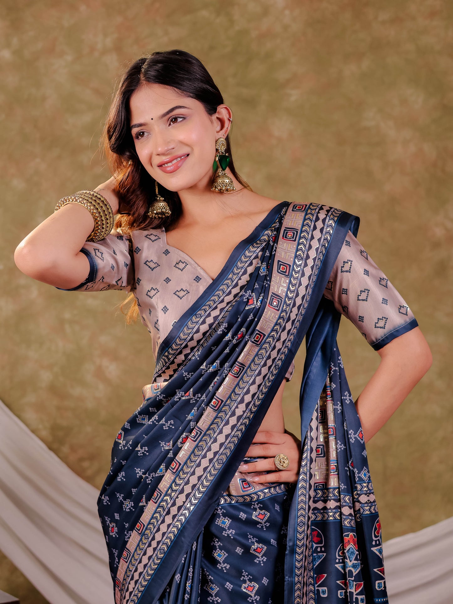 Navy Blue Pure Chinnon Ajrakh Printed Saree with Tassel Edges, Traditional Geometric Print & Matching Blouse Piece
