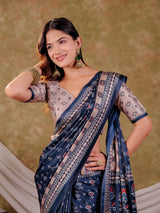 Navy Blue Pure Chinnon Ajrakh Printed Saree with Tassel Edges, Traditional Geometric Print & Matching Blouse Piece