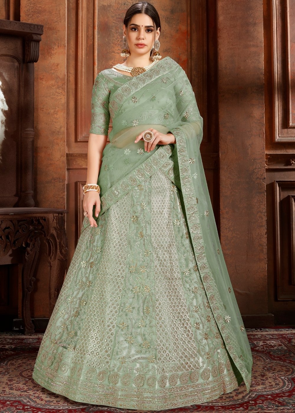 Pista Green Soft Net Lehenga Choli with Thread, Zari, Zarkan & Pearl work