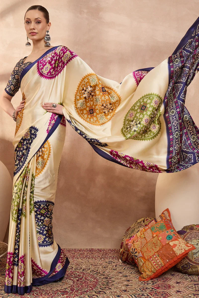 Cream modal silk saree with multicolor patola inspired print royal purple border designer festive wear saree