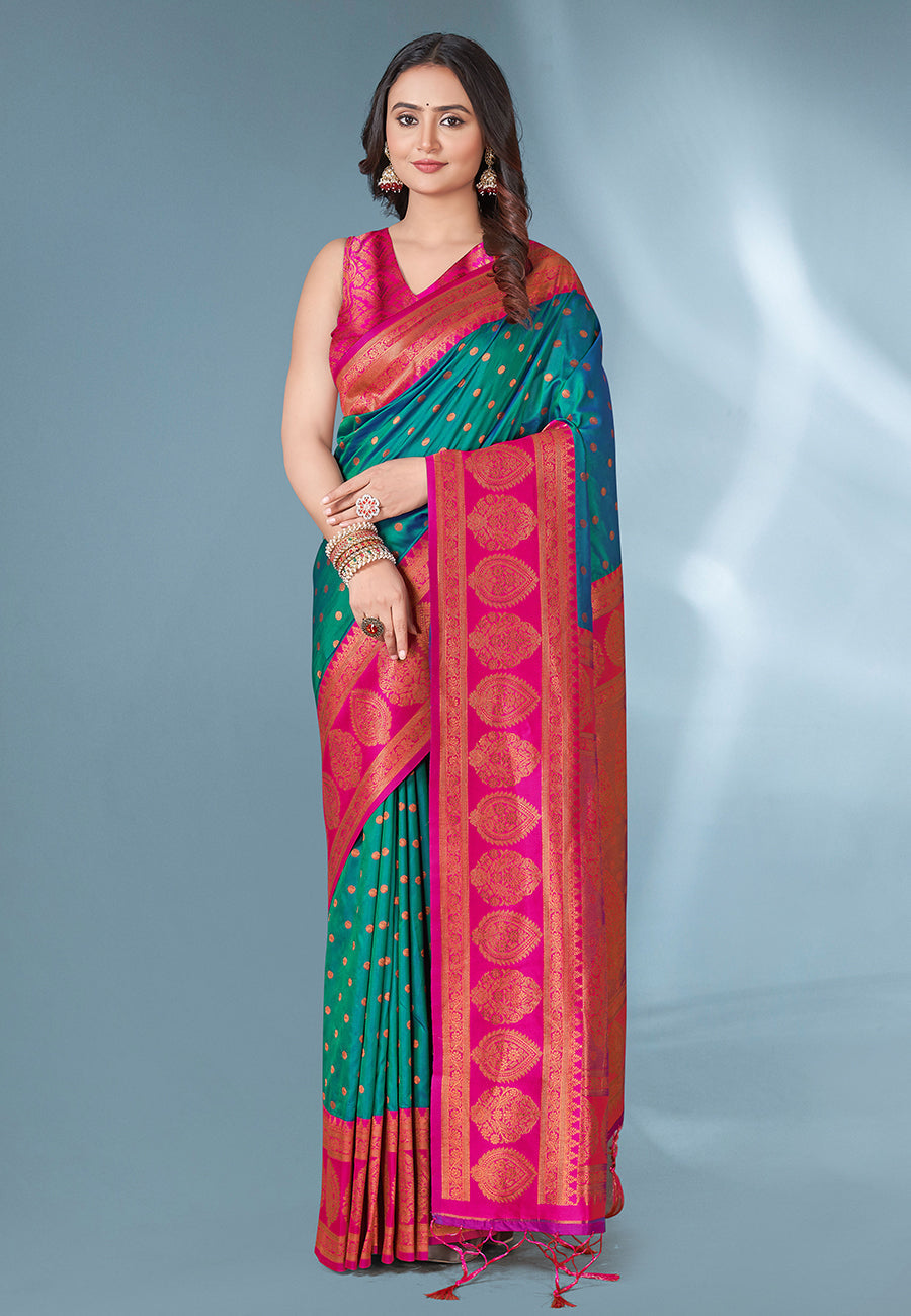 Green with pink polka paithani silk contrast zari woven saree with unstitched blouse