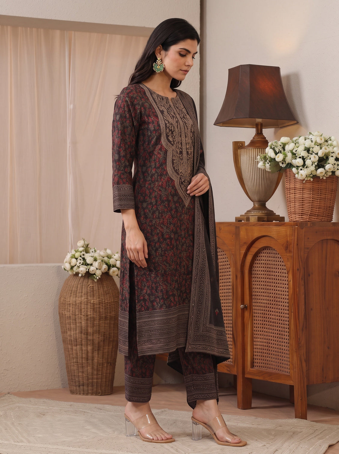 Mameraa Black Floral Woven Design Wool Straight Suit Set