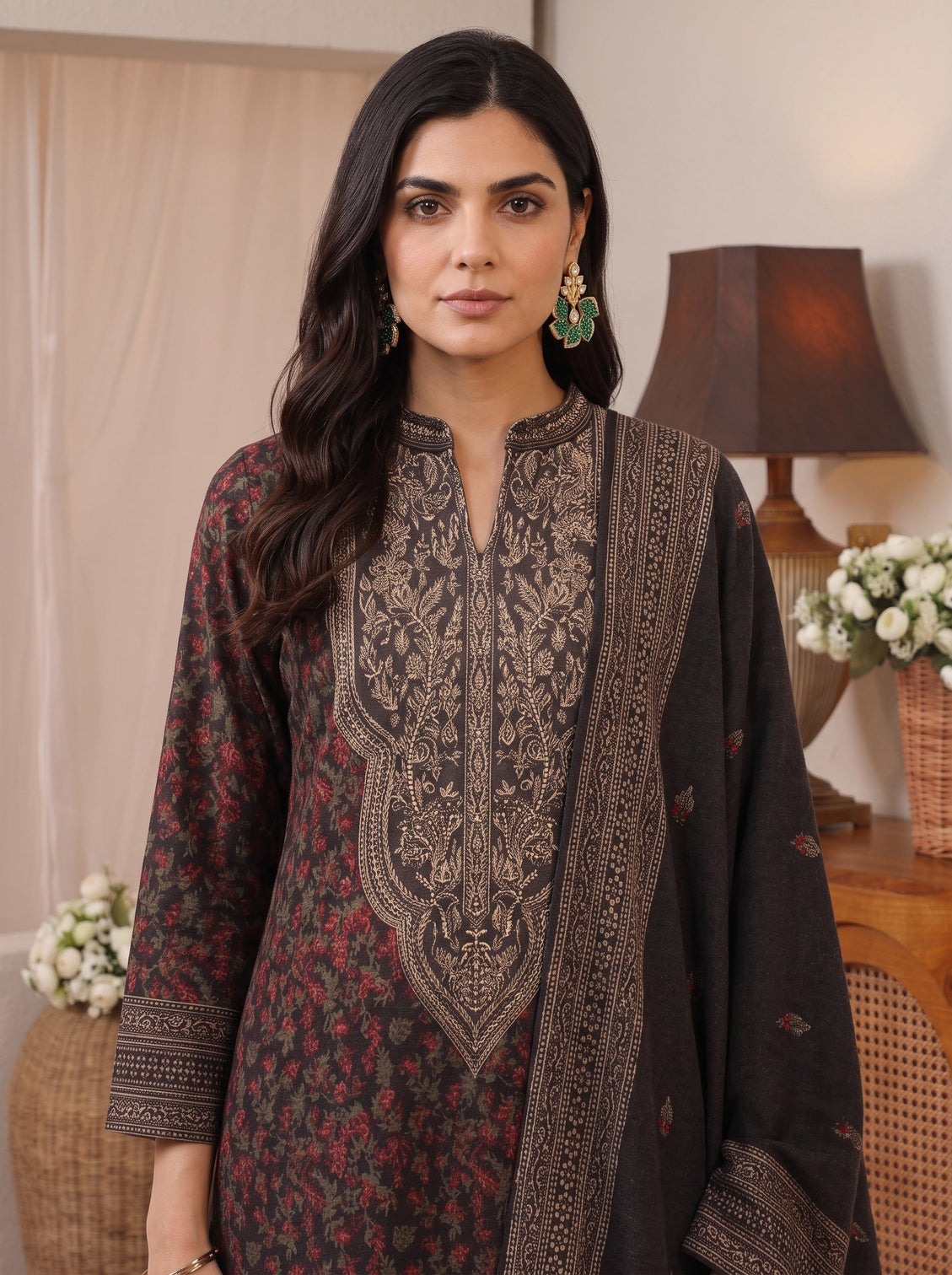 Mameraa Black Floral Woven Design Wool Straight Suit Set