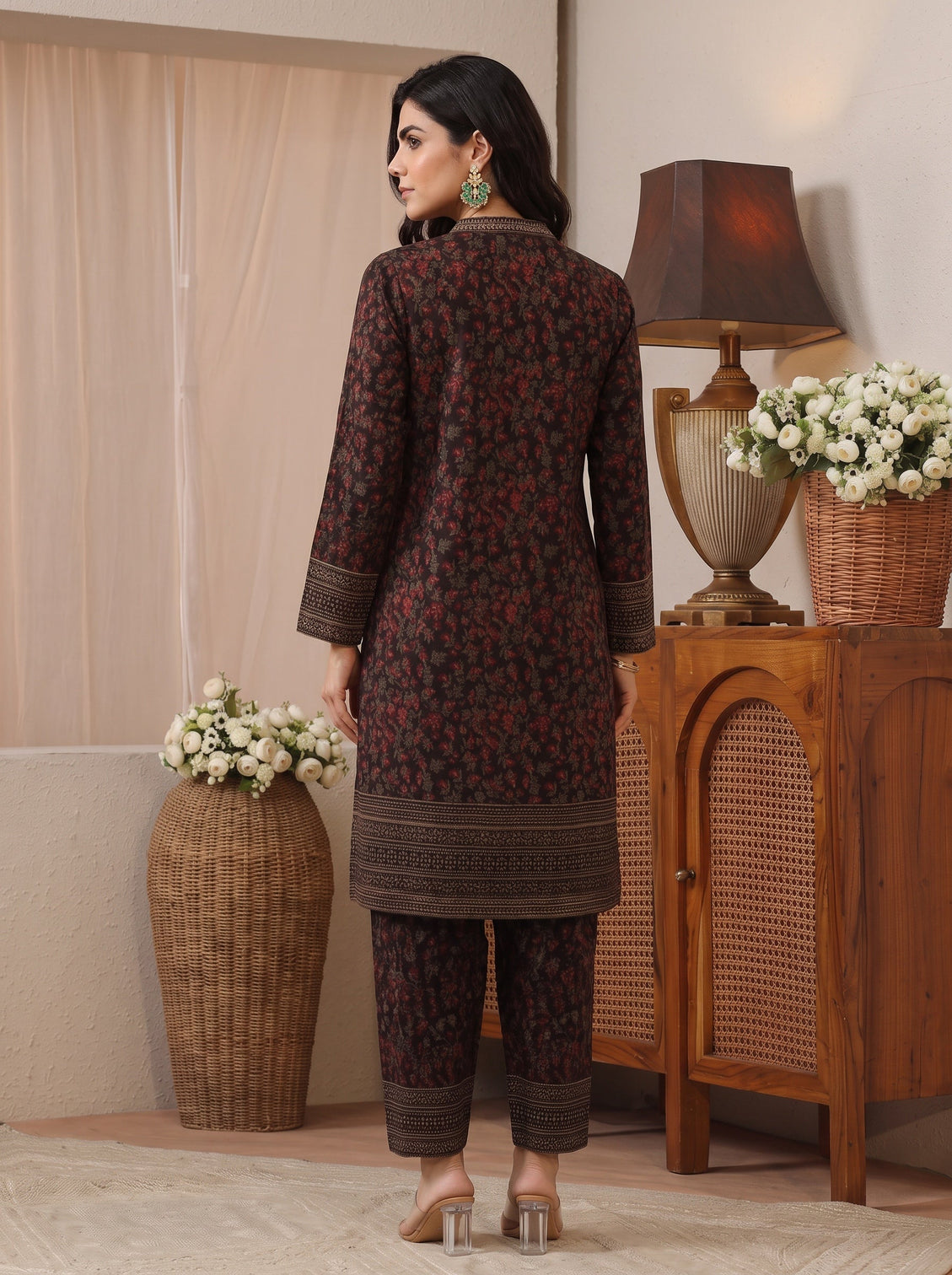 Mameraa Black Floral Woven Design Wool Straight Suit Set