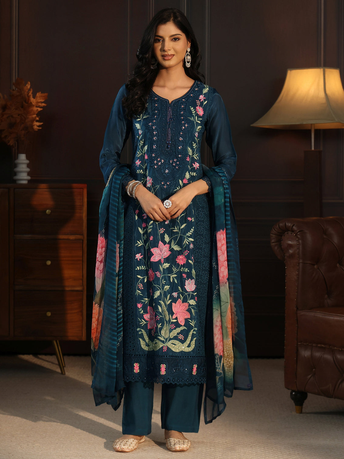 Mameraa Blue Floral Embroidered Organza Straight Suit Set