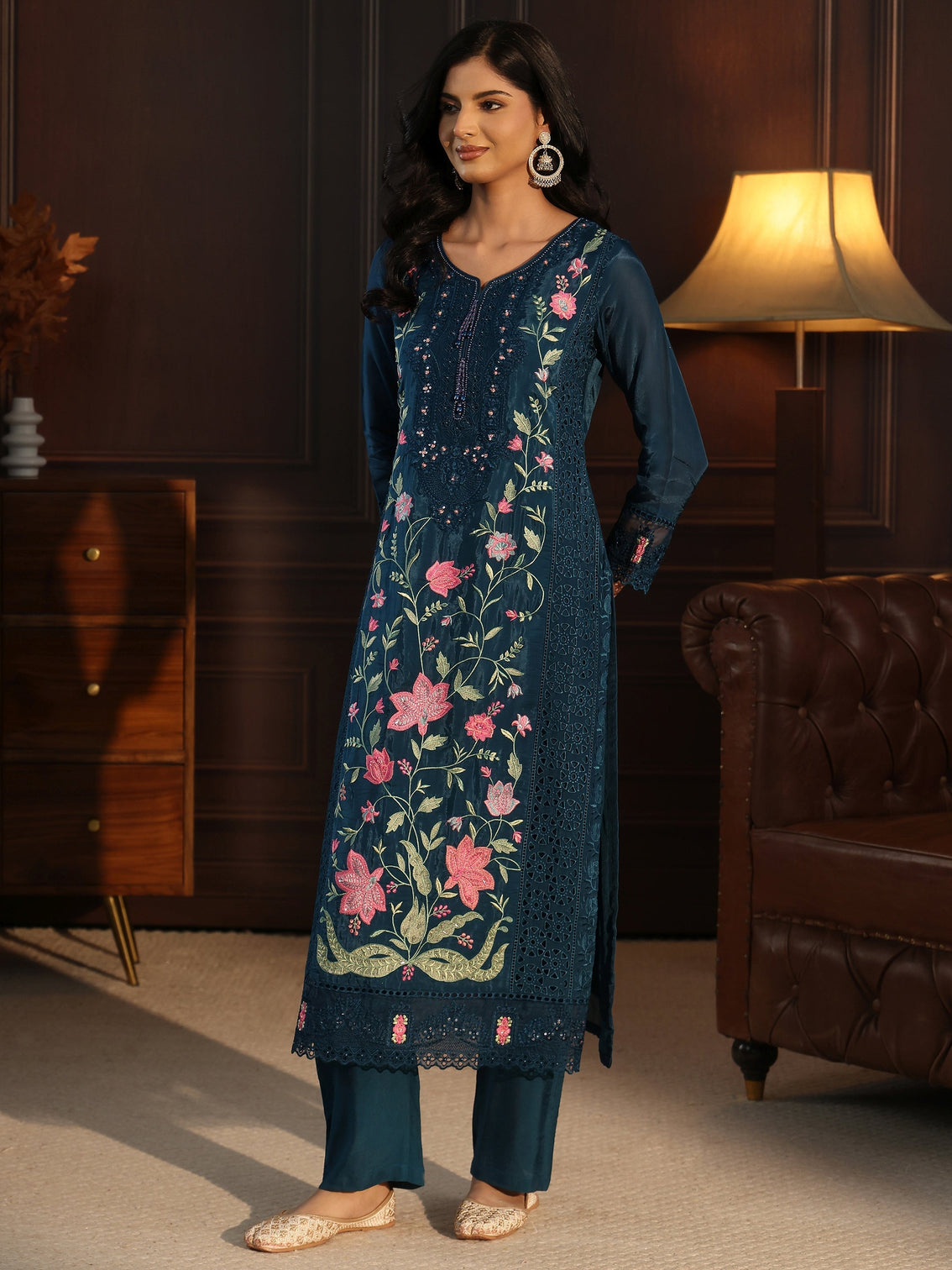 Mameraa Blue Floral Embroidered Organza Straight Suit Set