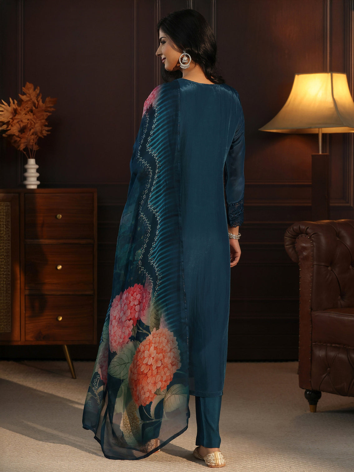 Mameraa Blue Floral Embroidered Organza Straight Suit Set
