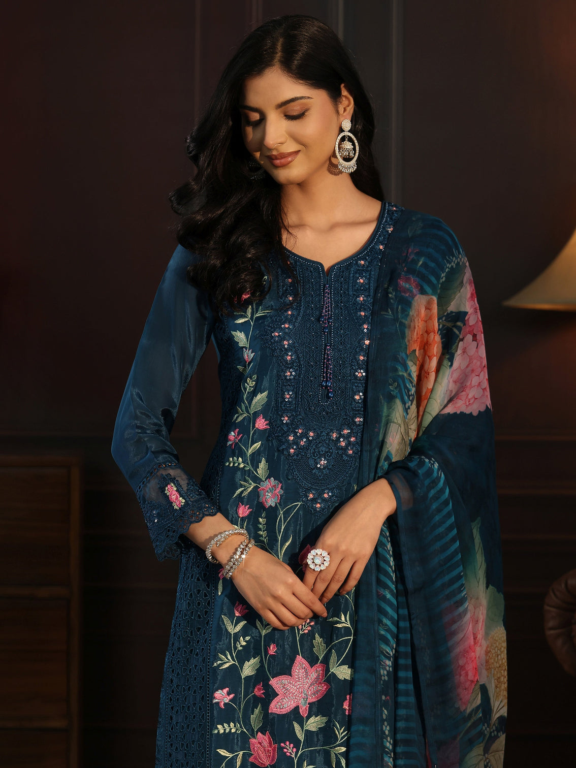 Mameraa Blue Floral Embroidered Organza Straight Suit Set