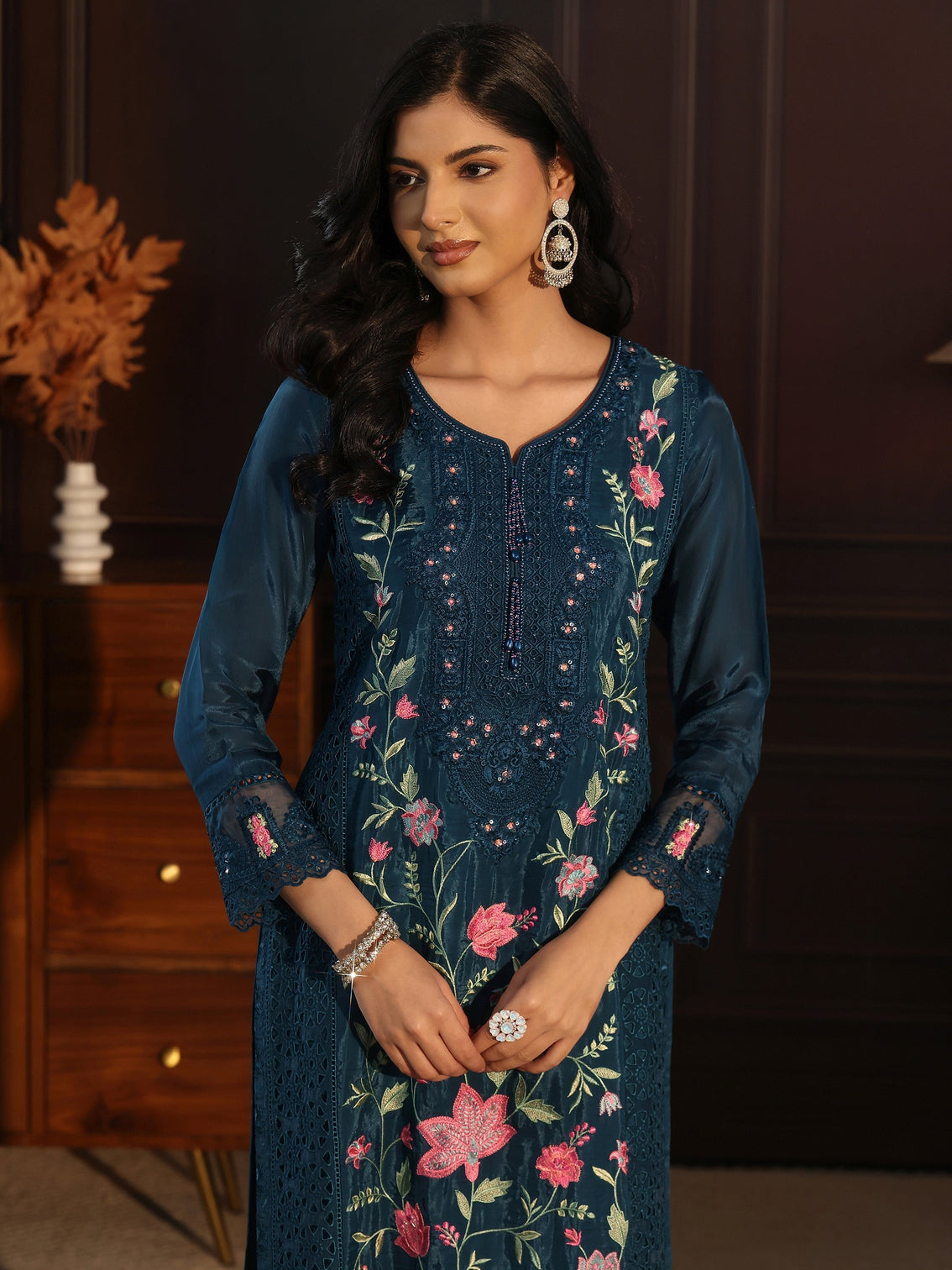 Mameraa Blue Floral Embroidered Organza Straight Suit Set
