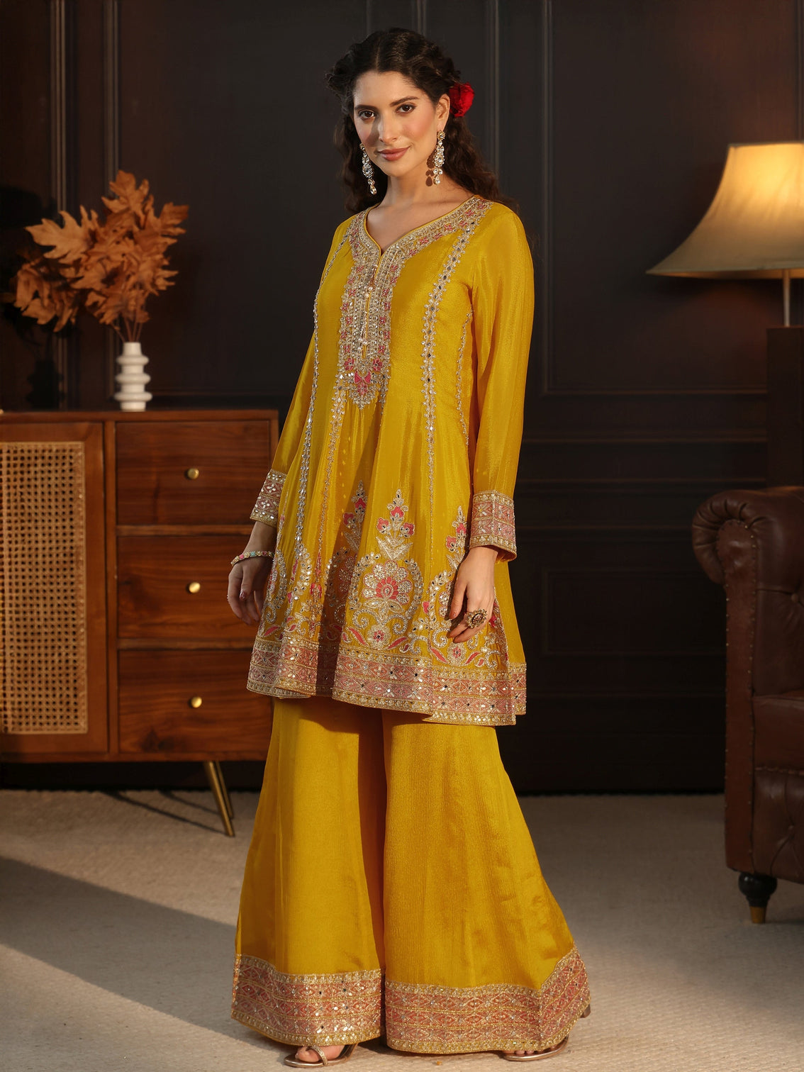 Mameraa Yellow Floral Embellished Chinon Palazzo Suit Set
