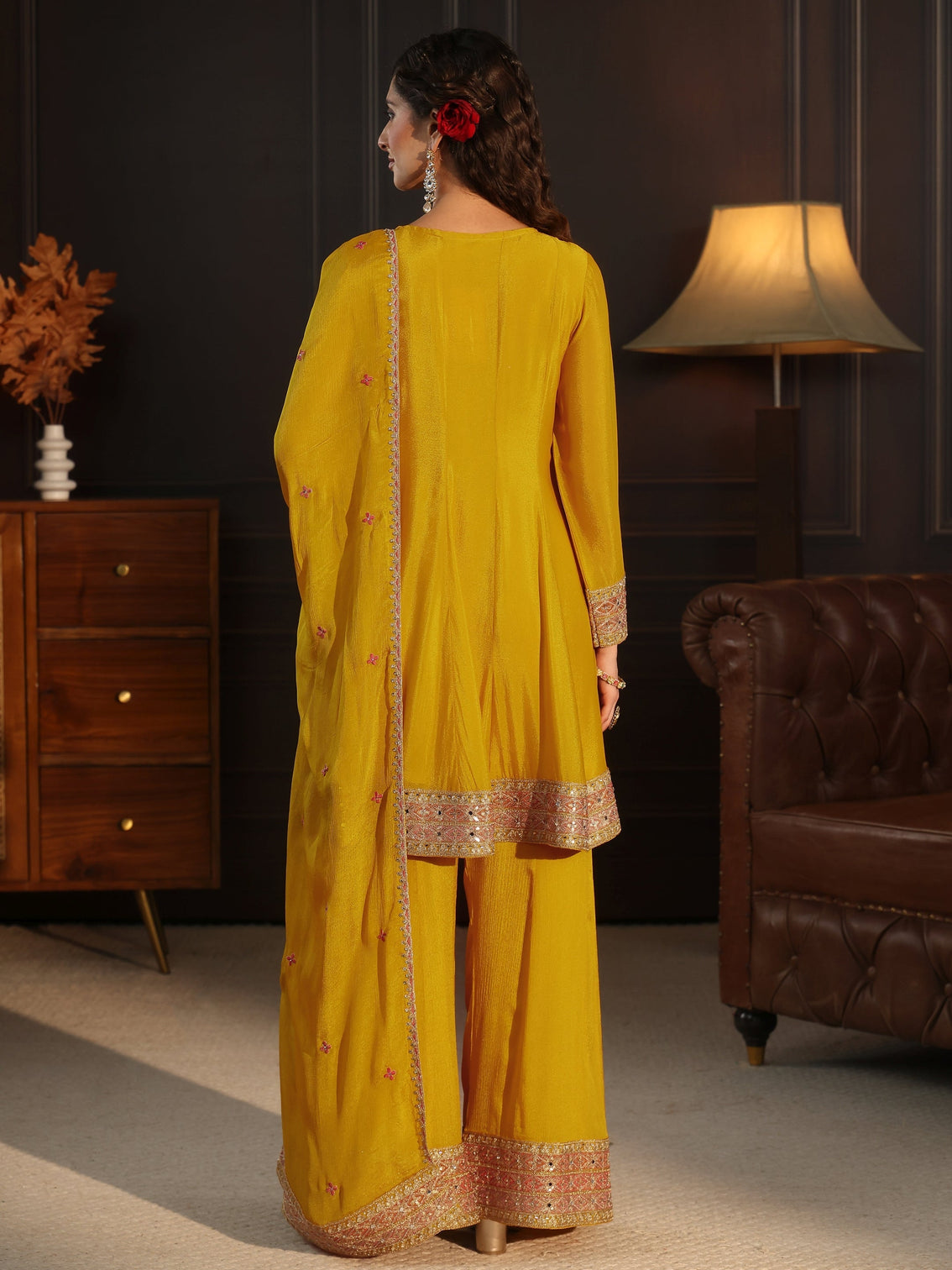 Mameraa Yellow Floral Embellished Chinon Palazzo Suit Set