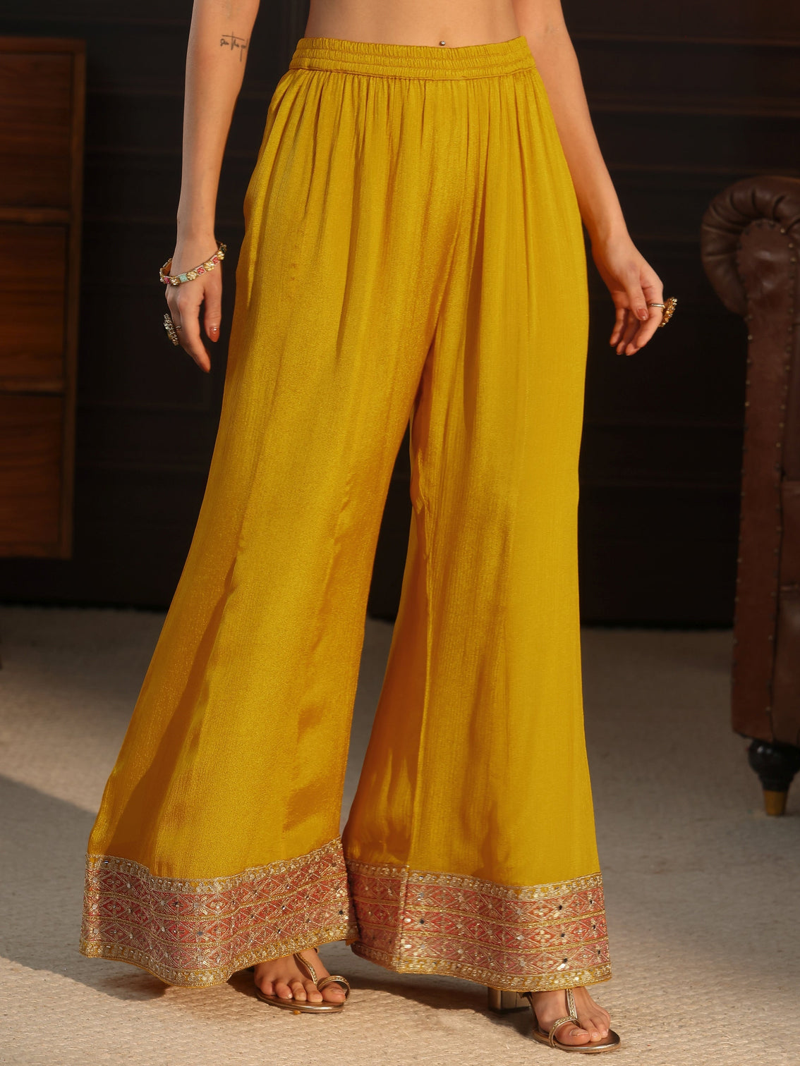 Mameraa Yellow Floral Embellished Chinon Palazzo Suit Set