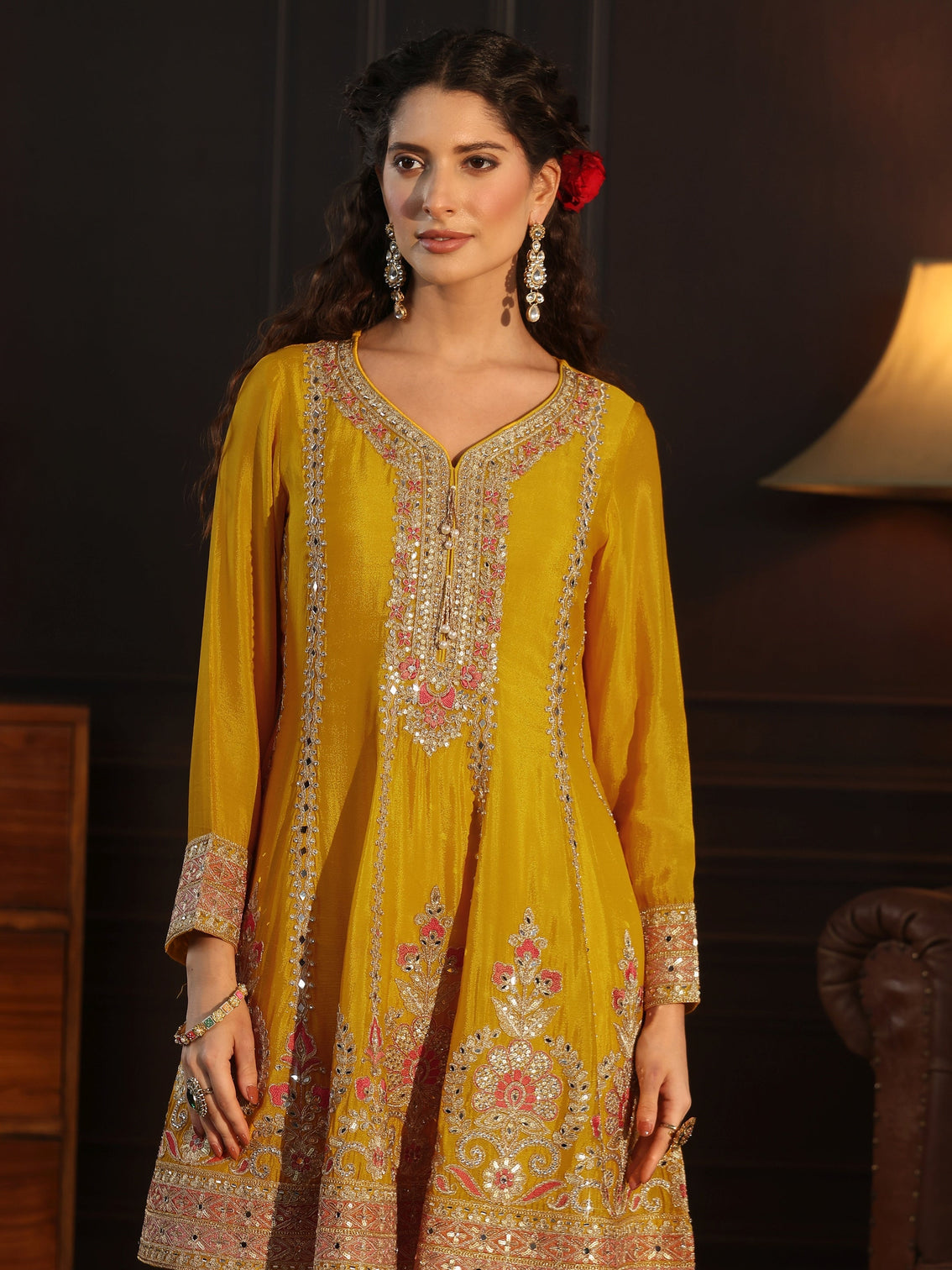 Mameraa Yellow Floral Embellished Chinon Palazzo Suit Set