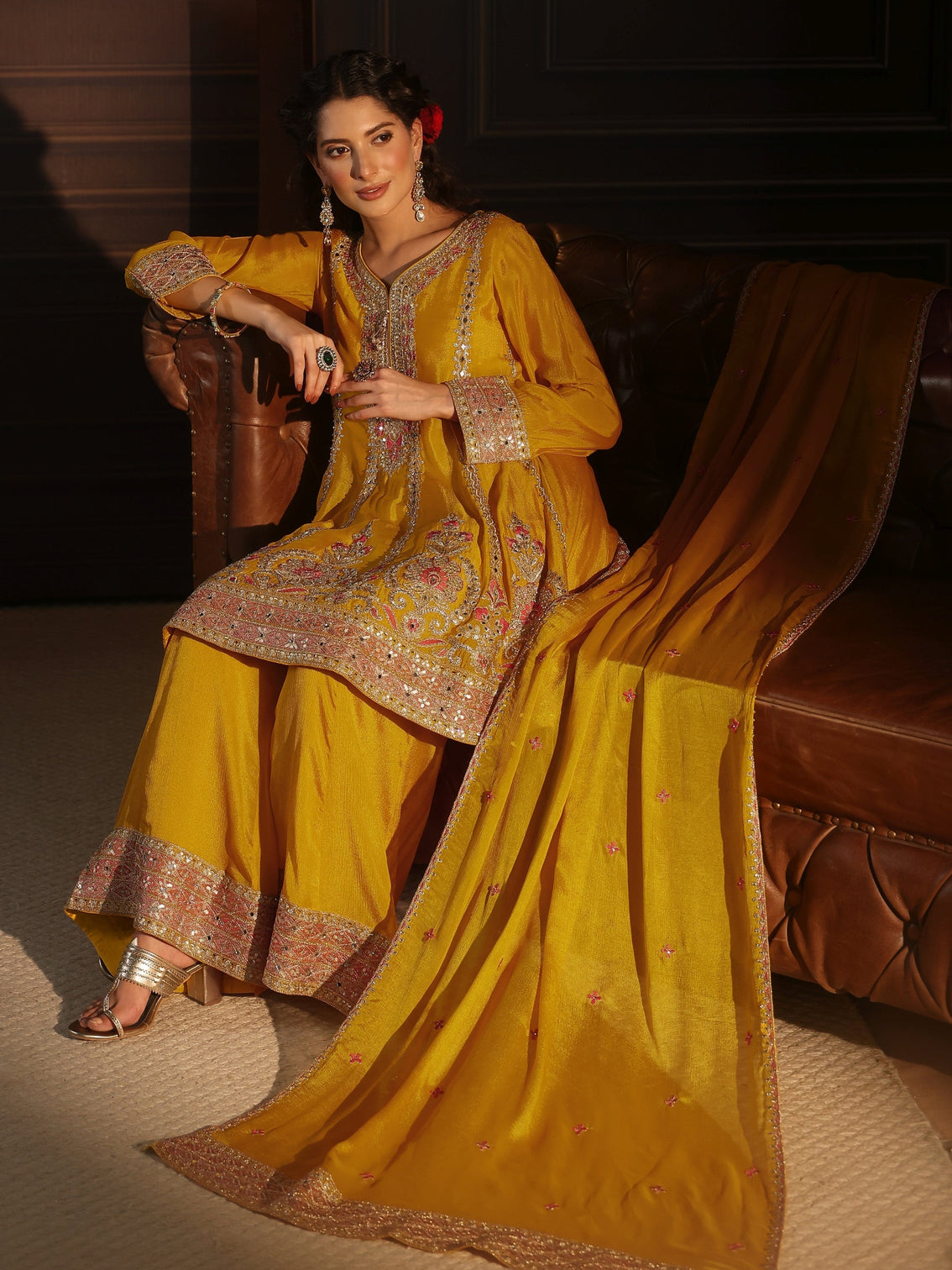 Mameraa Yellow Floral Embellished Chinon Palazzo Suit Set