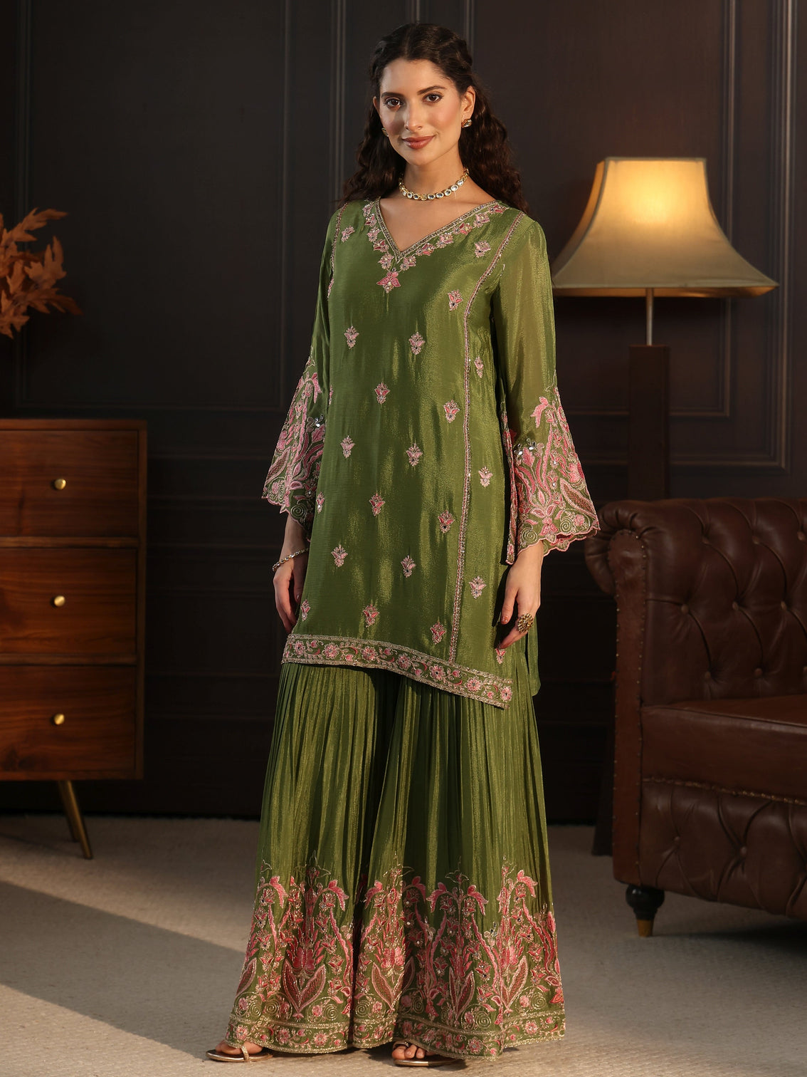 Mameraa Dark Green Embroidered Chinon Sharara Suit Set