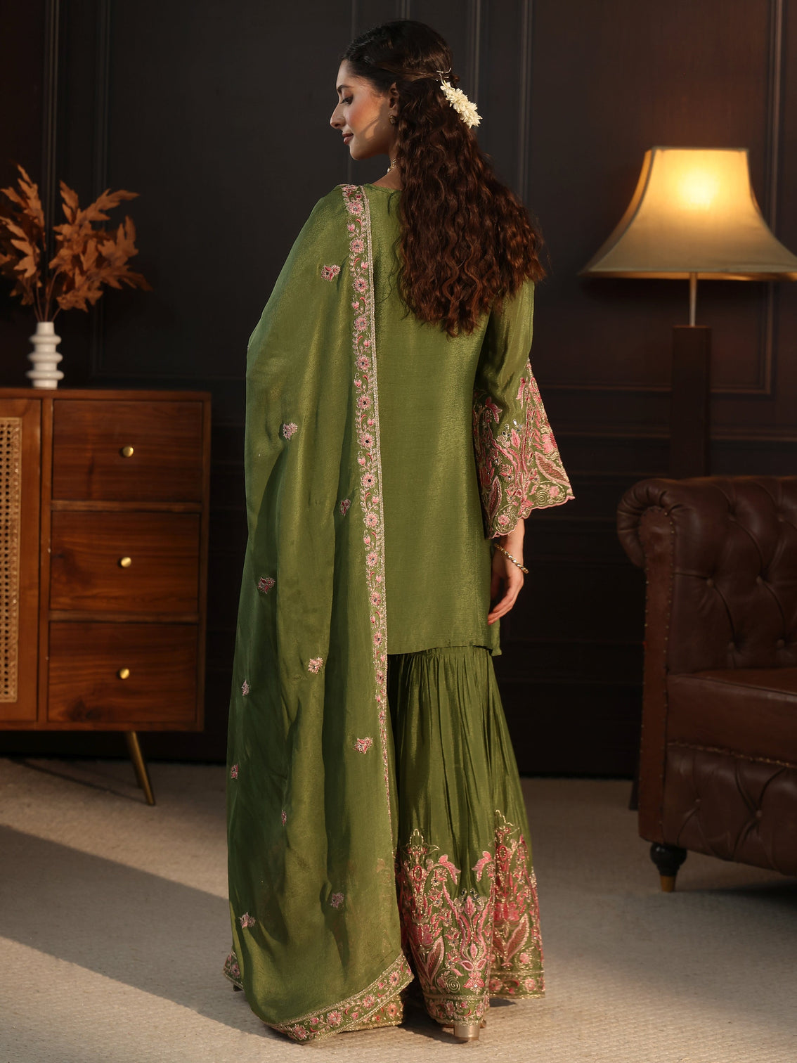 Mameraa Dark Green Embroidered Chinon Sharara Suit Set