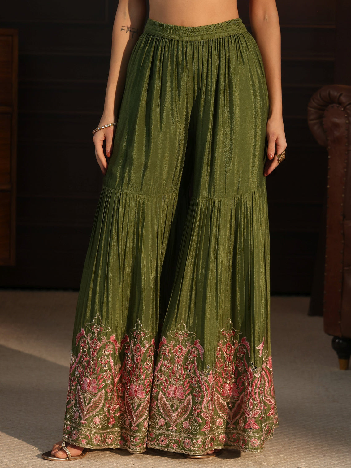 Mameraa Dark Green Embroidered Chinon Sharara Suit Set