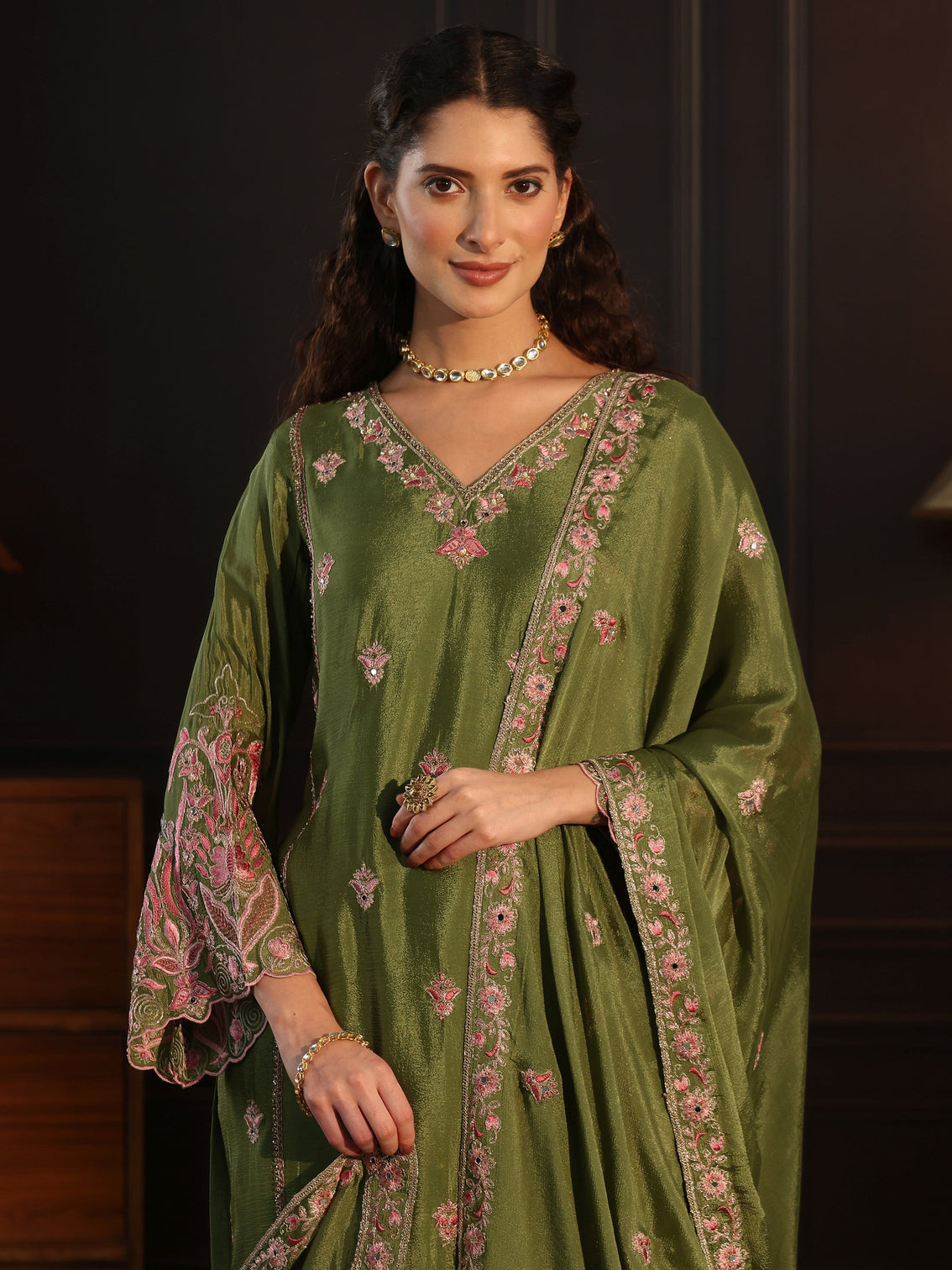Mameraa Dark Green Embroidered Chinon Sharara Suit Set