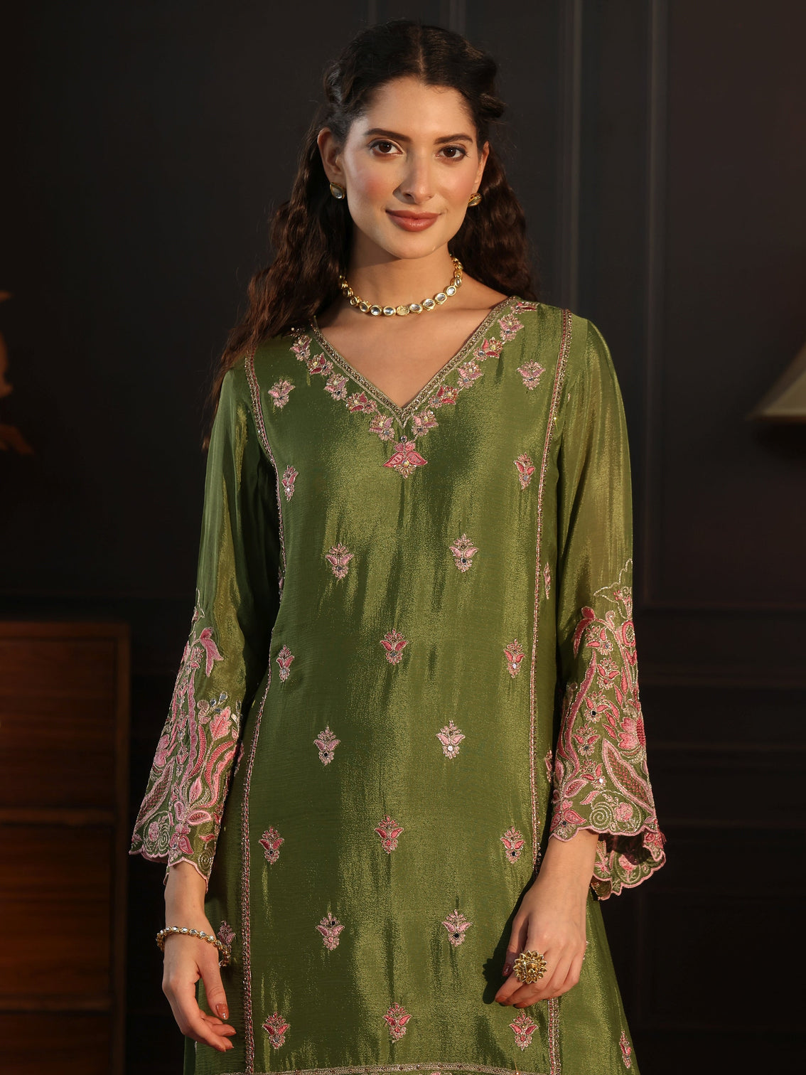 Mameraa Dark Green Embroidered Chinon Sharara Suit Set